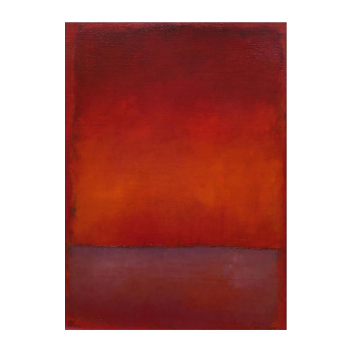 Hand-painted canvas showing deep red and burnt orange over plum and wine tones.