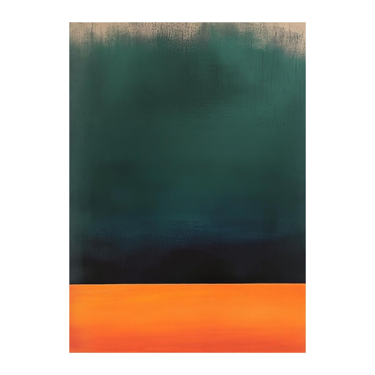 Hand-painted canvas showing deep teal and forest green above a glowing orange base.