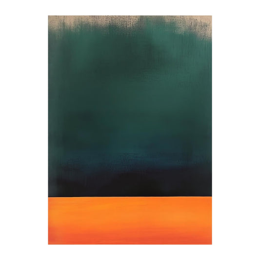Hand-painted canvas showing deep teal and forest green above a glowing orange base.
