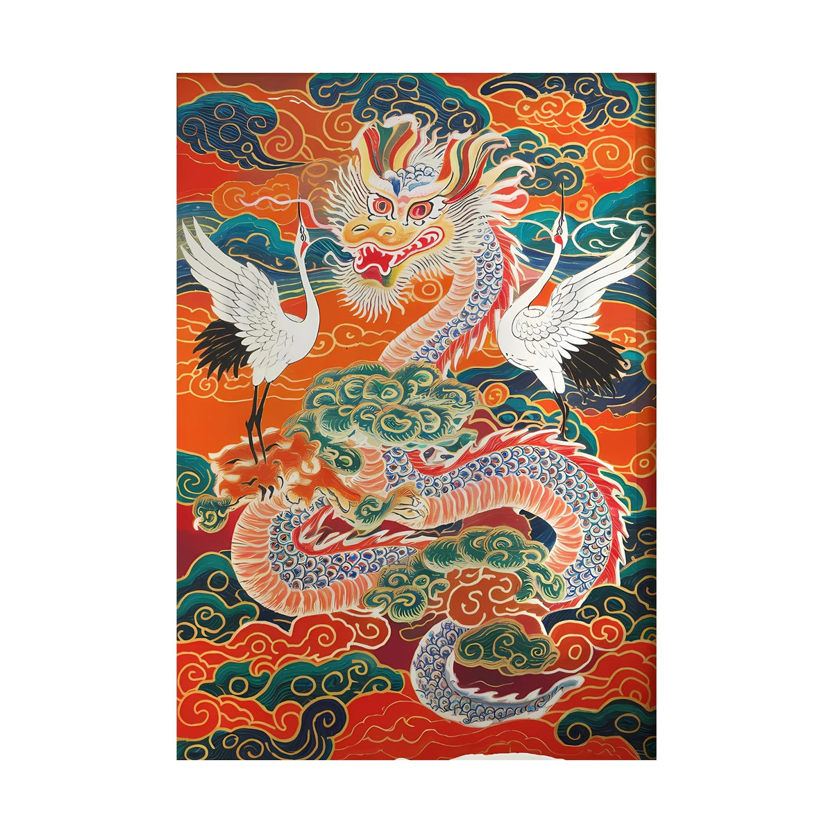Hand-painted canvas featuring a dragon and white cranes among swirling red, green, blue and orange clouds.
