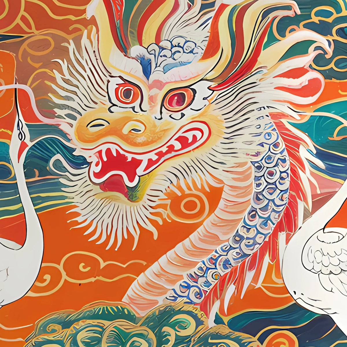 Hand-painted canvas featuring a dragon and white cranes among swirling red, green, blue and orange clouds.