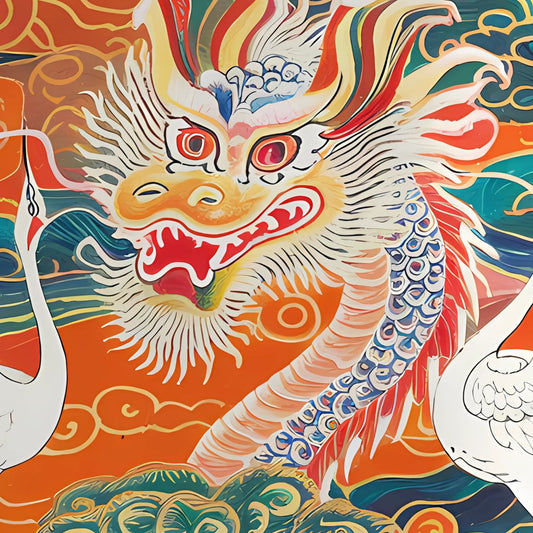 Hand-painted canvas featuring a dragon and white cranes among swirling red, green, blue and orange clouds.