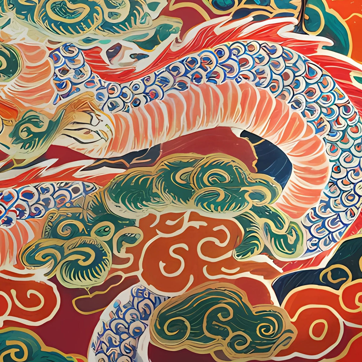 Hand-painted canvas featuring a dragon and white cranes among swirling red, green, blue and orange clouds.