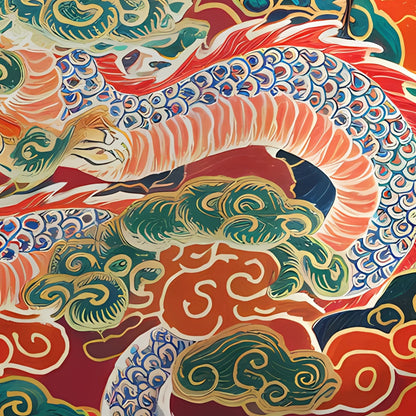 Hand-painted canvas featuring a dragon and white cranes among swirling red, green, blue and orange clouds.