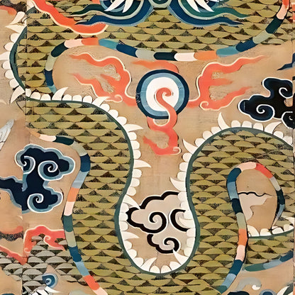 Hand-painted canvas featuring an ornate dragon and cranes among swirling decorative clouds.