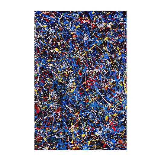 Abstract art with blue, red, and yellow colors on a white background