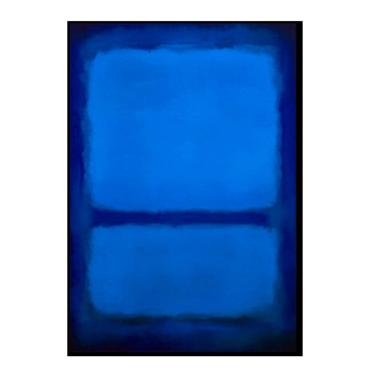 Hand-painted canvas showing layered blue colour fields in a minimalist horizon composition.