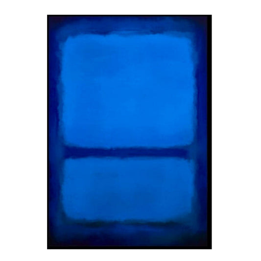 Hand-painted canvas showing layered blue colour fields in a minimalist horizon composition.