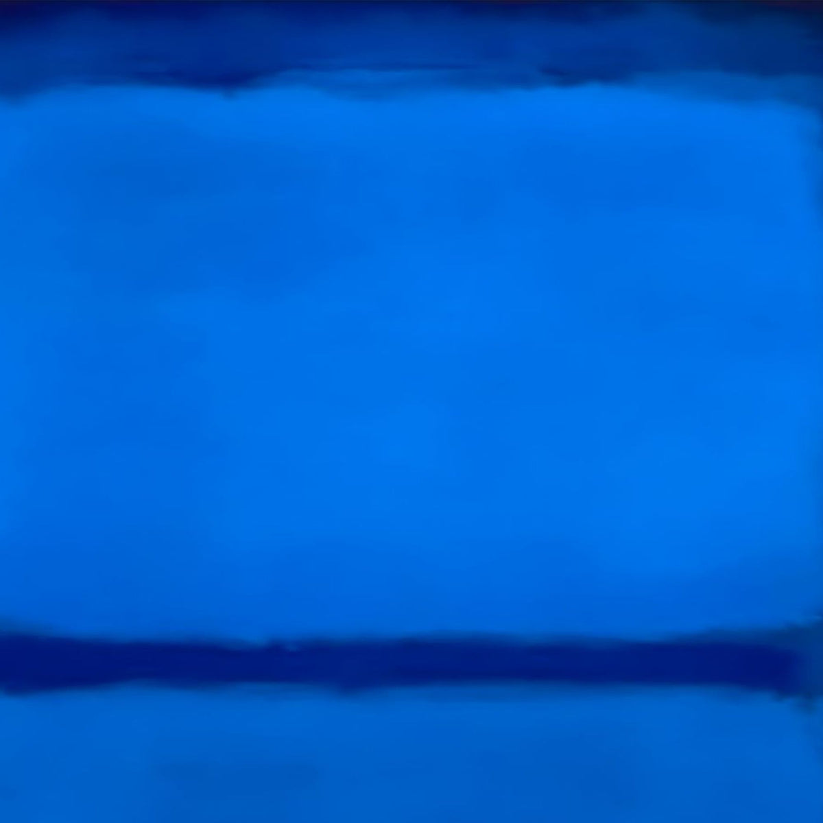 Hand-painted canvas showing layered blue colour fields in a minimalist horizon composition.