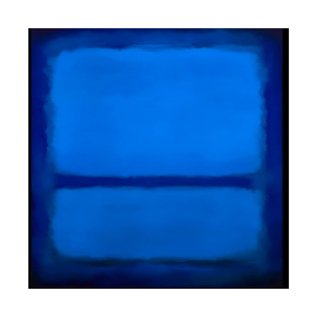 Hand-painted canvas showing layered blue colour fields in a minimalist horizon composition.