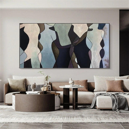 Living room with a large abstract painting on the wall above a sofa.