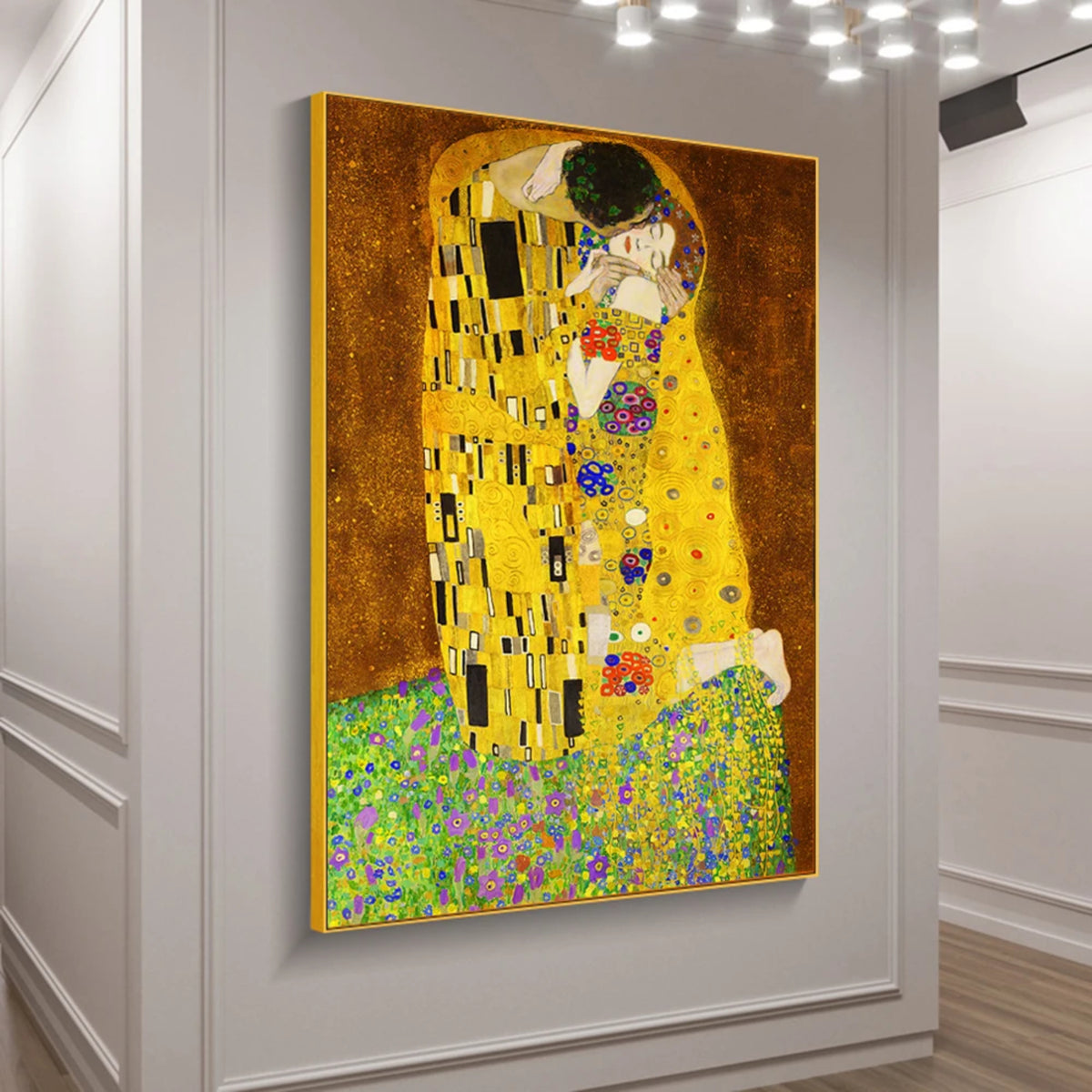 Room mockup showing embracing couple in patterned golden robes on flower-dotted green ground against a warm brown background.