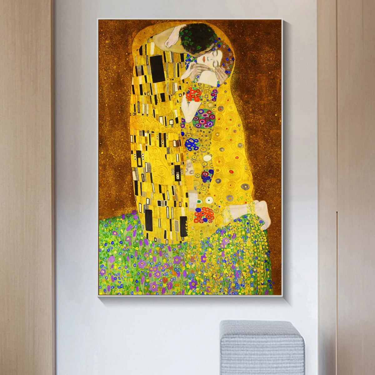 Room mockup showing embracing couple in patterned golden robes on flower-dotted green ground against a warm brown background.