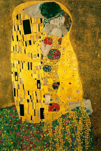 An embracing couple in patterned golden robes on flower-dotted ground against a golden brown background.