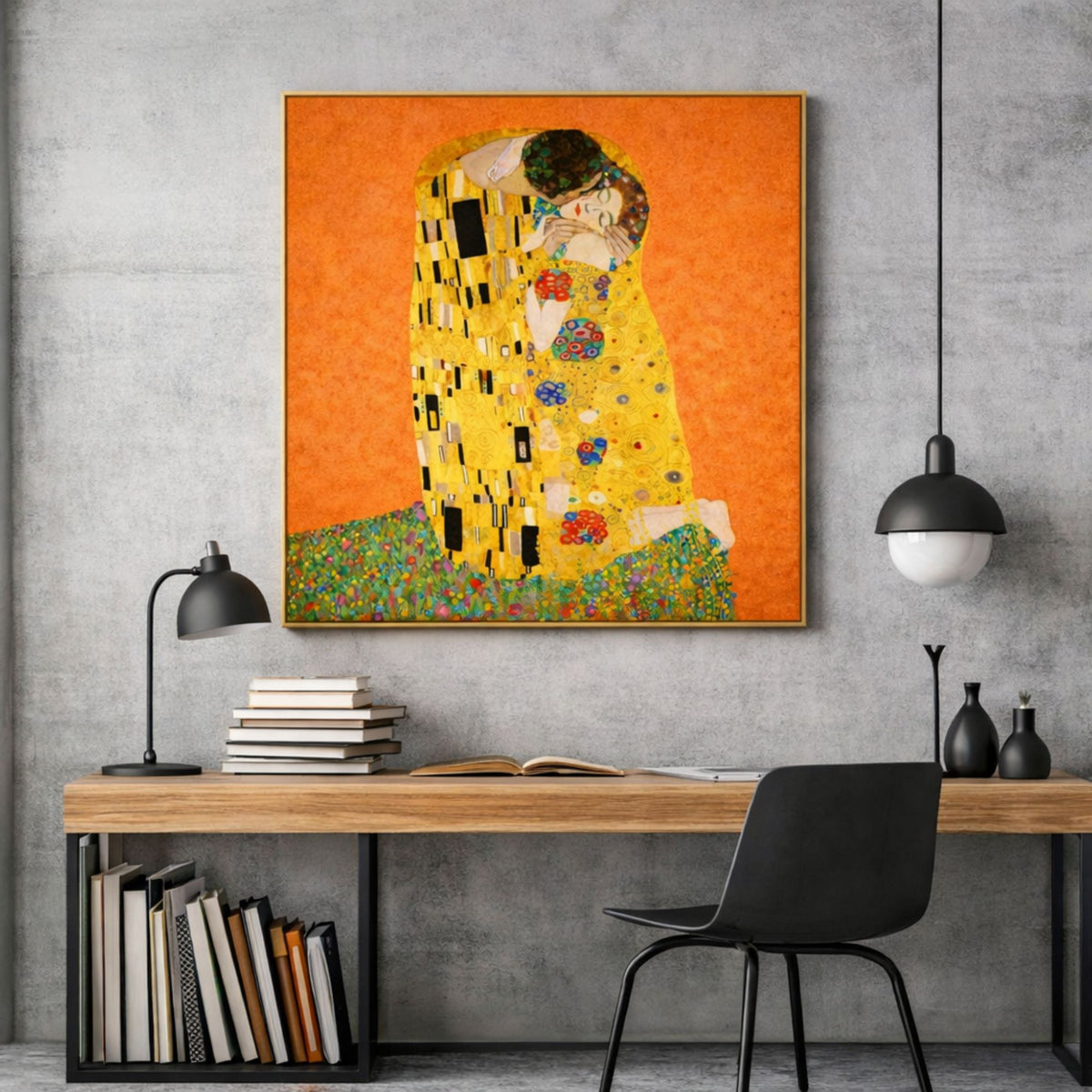 Room mockup of an embracing couple in patterned golden robes on green flowers against an orange background.