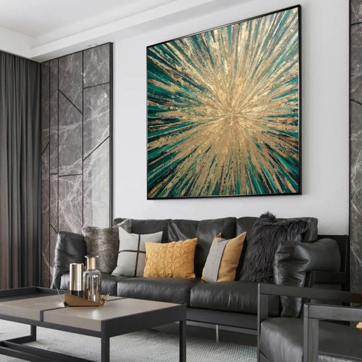 Room mockup showing dense gold-coloured textured streaks radiating from a bright centre over a deep emerald green background.