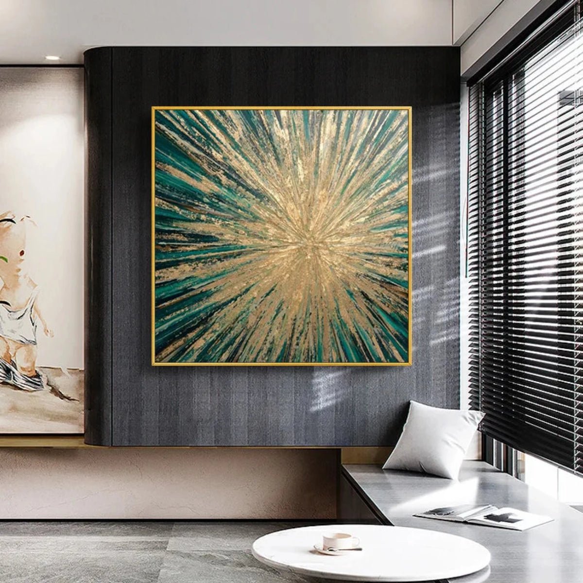 Room mockup showing dense gold-coloured textured streaks radiating from a bright centre over a deep emerald green background.