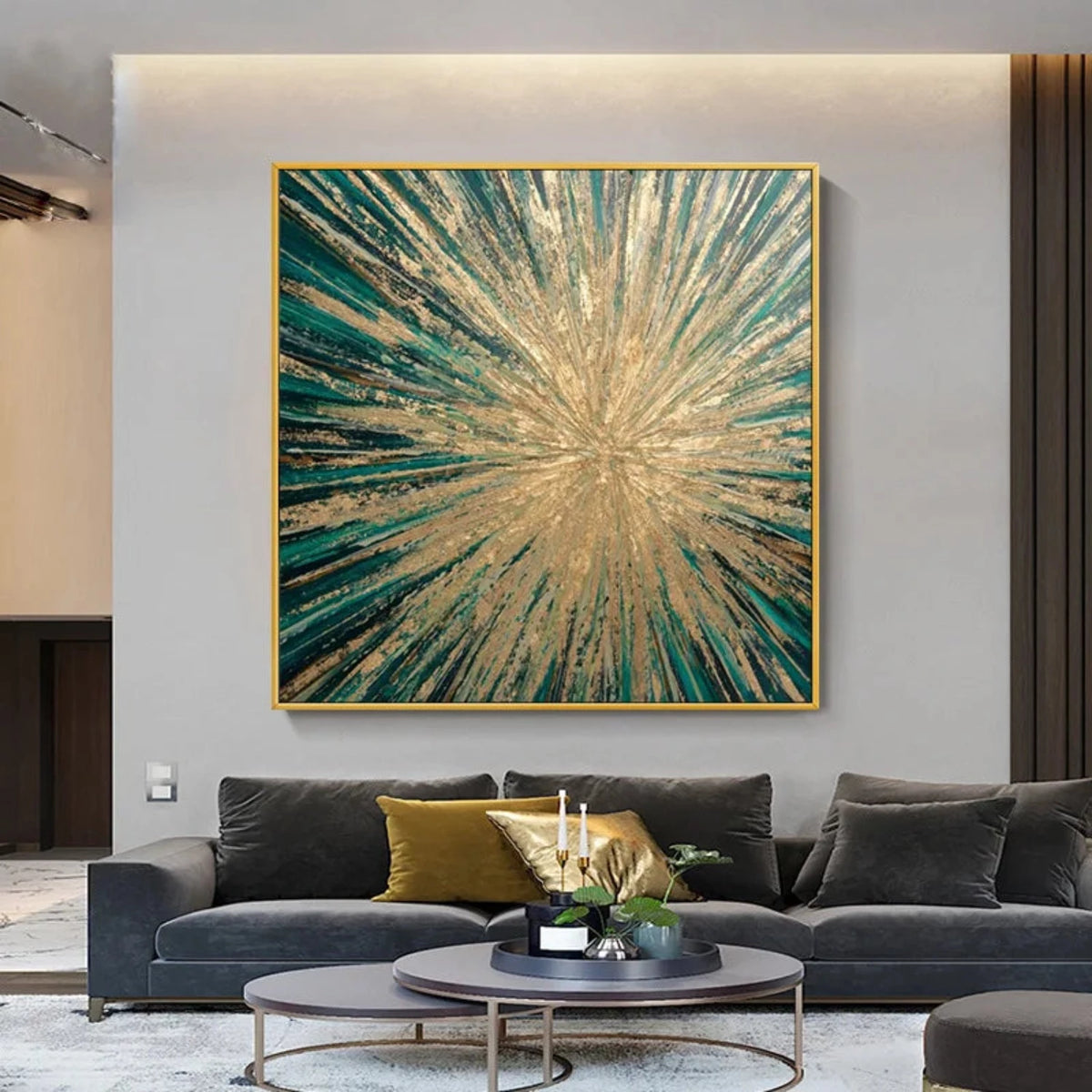 Room mockup showing dense gold-coloured textured streaks radiating from a bright centre over a deep emerald green background.