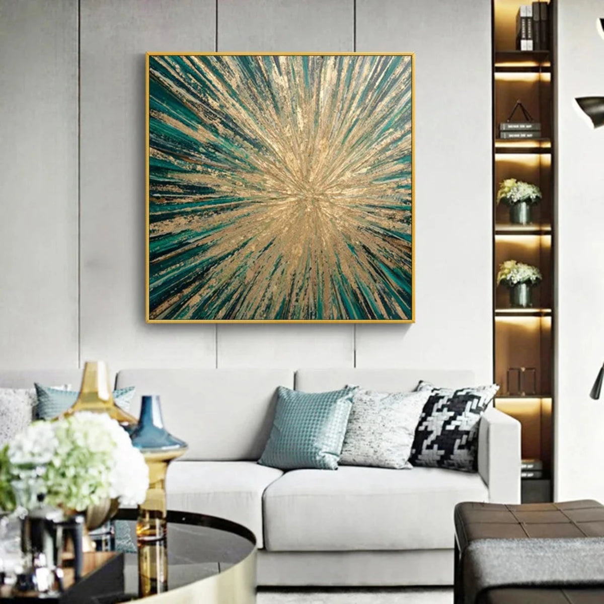 Room mockup showing dense gold-coloured textured streaks radiating from a bright centre over a deep emerald green background.