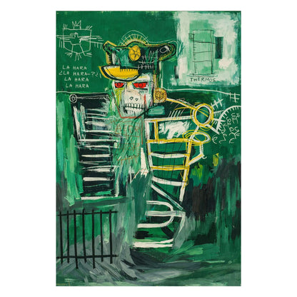 Abstract painting with a figure holding a key against a green background
