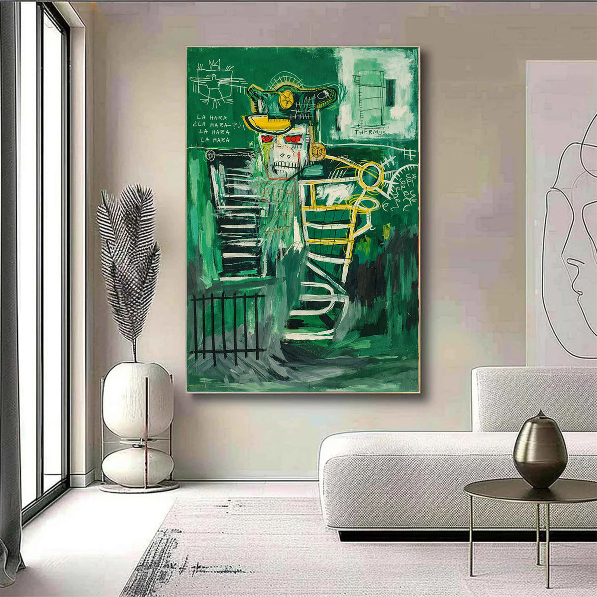 Modern living room with abstract green painting on the wall