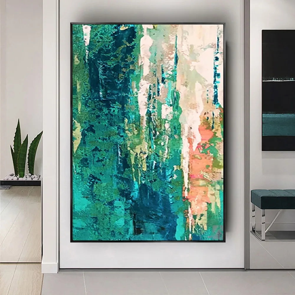 Room mockup showing emerald and teal textured fields with a tall pale peach and white area along one side.