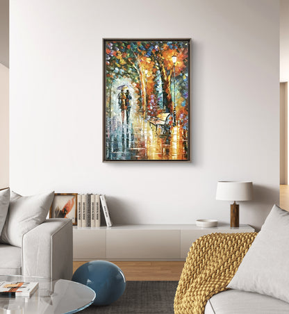 Evening Stroll in the Rain – Romantic Couple Hand-Painted Impressionist Canvas