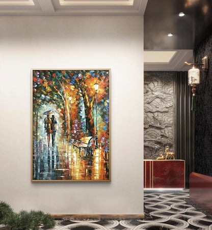 Evening Stroll in the Rain – Romantic Couple Hand-Painted Impressionist Canvas