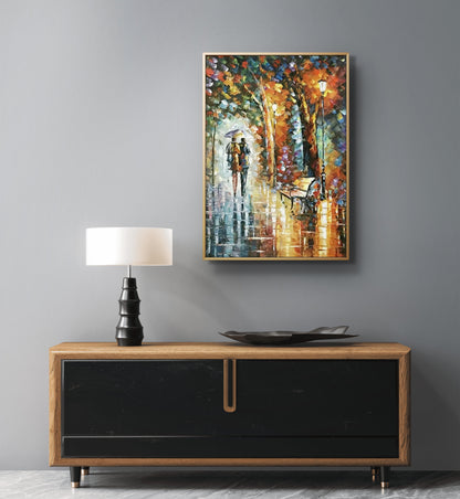 Evening Stroll in the Rain – Romantic Couple Hand-Painted Impressionist Canvas
