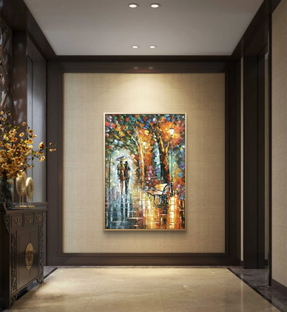 Evening Stroll in the Rain – Romantic Couple Hand-Painted Impressionist Canvas