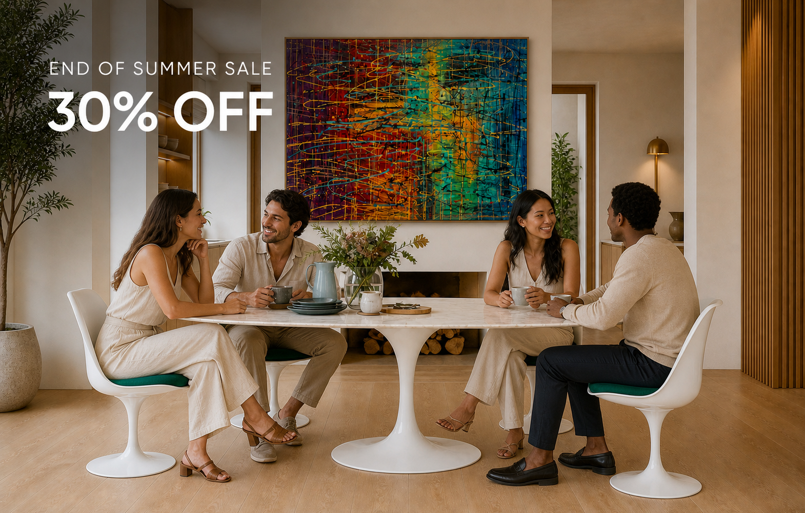 Two young couples seated around a modern dining table beneath a colourful hand-painted abstract artwork during the End of Summer Sale.