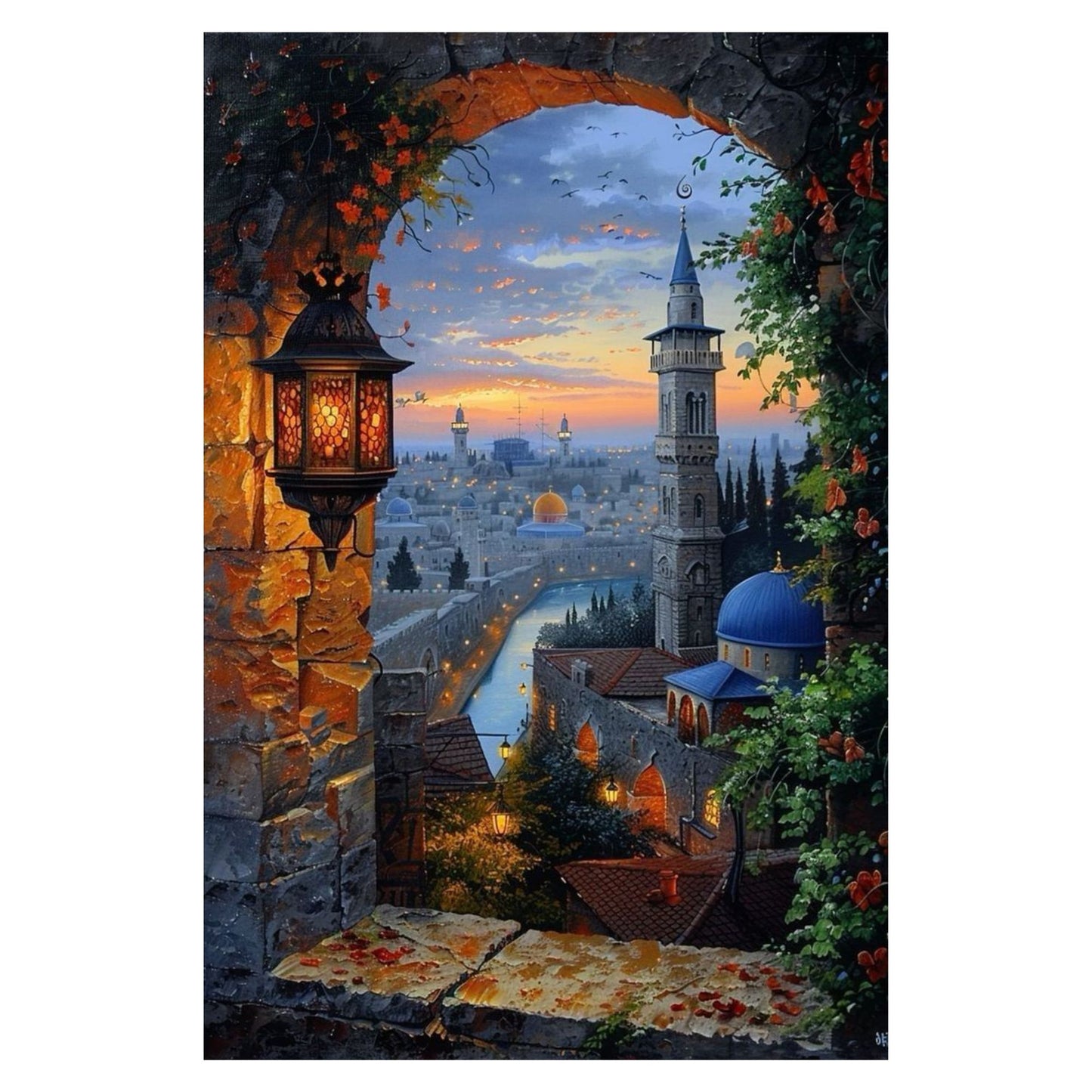 Decorative painting of a cityscape with a lantern and floral arch