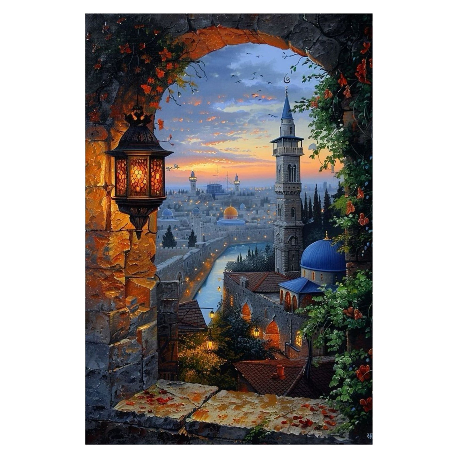 Decorative painting of a cityscape with a lantern and floral arch
