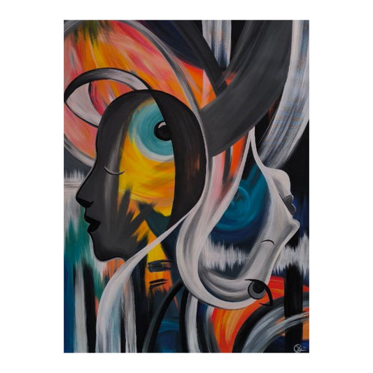 Hand-painted abstract faces in vivid multicolour tones on canvas