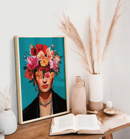 Floral Veil Modern Frida Inspired Art Feminine Wall Portrait