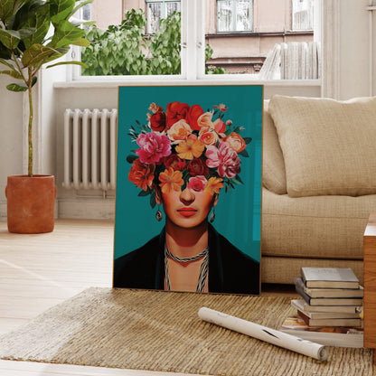 Floral Veil Modern Frida Inspired Art Feminine Wall Portrait