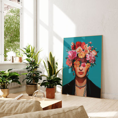 Floral Veil Modern Frida Inspired Art Feminine Wall Portrait