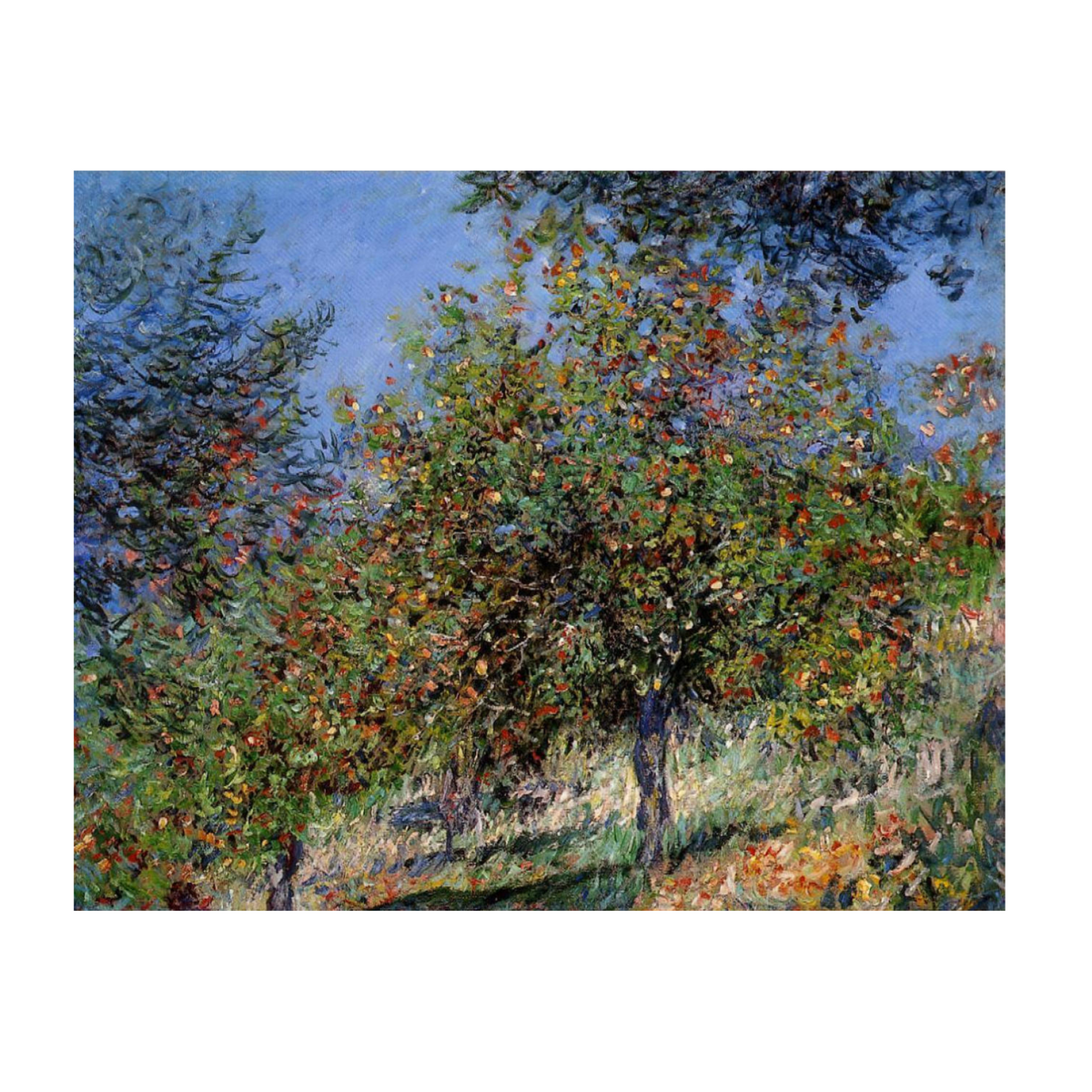Hand-painted canvas featuring a flowering orchard with dense green foliage and dappled colour beneath a blue sky.