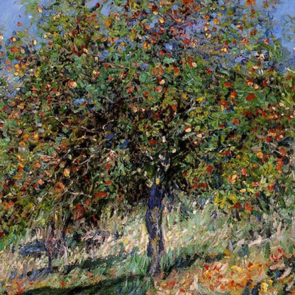 Hand-painted canvas featuring a flowering orchard with dense green foliage and dappled colour beneath a blue sky.