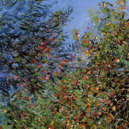 Hand-painted canvas featuring a flowering orchard with dense green foliage and dappled colour beneath a blue sky.