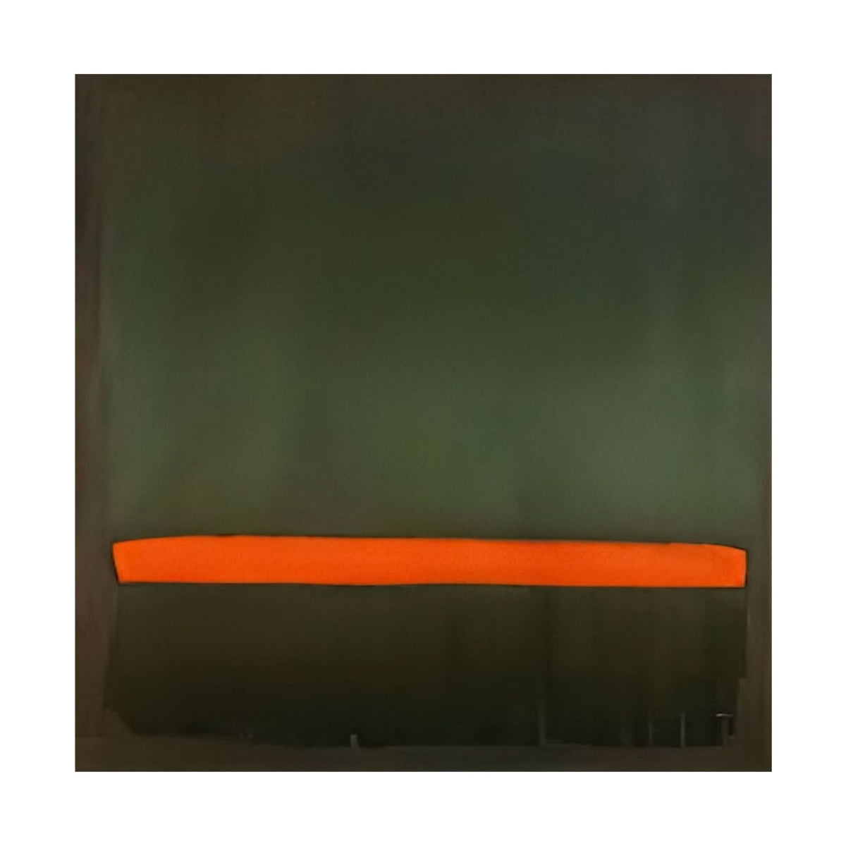 Hand-painted canvas showing forest green and olive tones crossed by a vivid orange band.