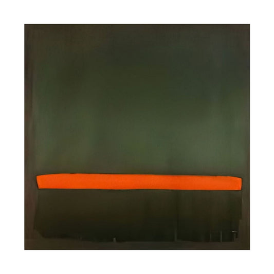 Hand-painted canvas showing forest green and olive tones crossed by a vivid orange band.