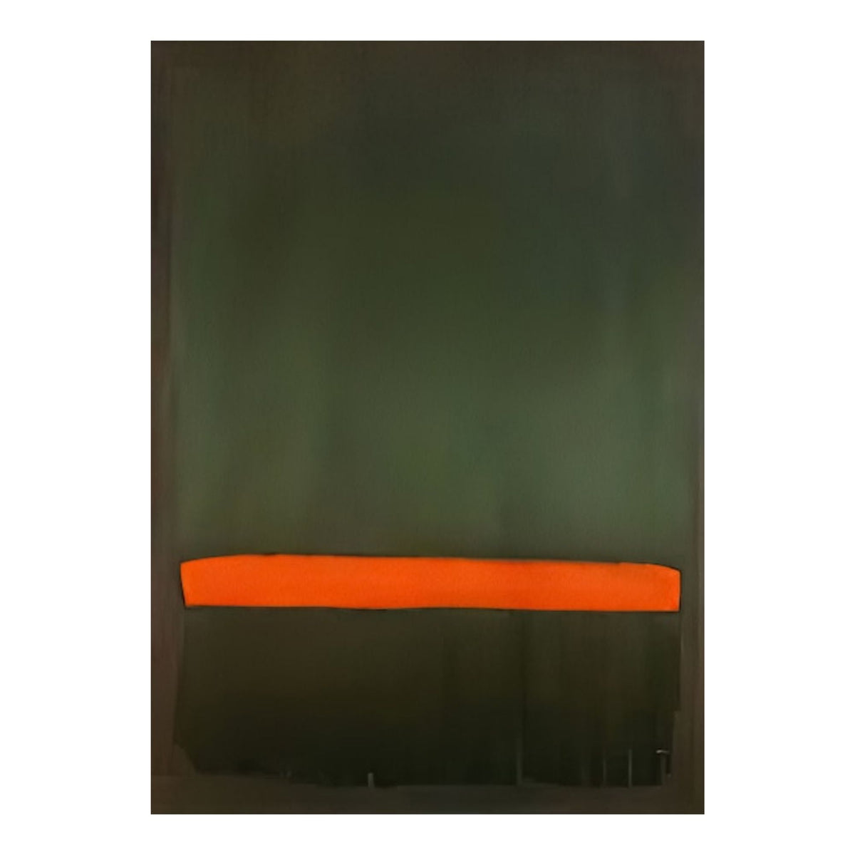 Hand-painted canvas showing forest green and olive tones crossed by a vivid orange band.