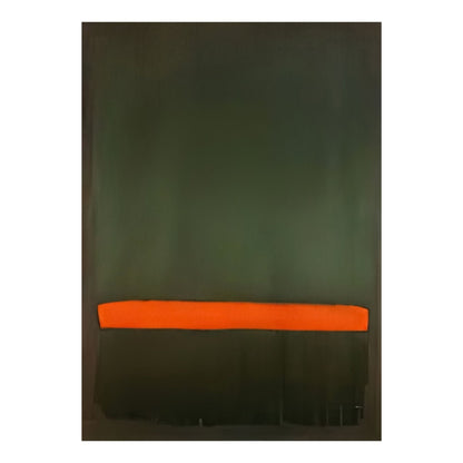 Hand-painted canvas showing forest green and olive tones crossed by a vivid orange band.
