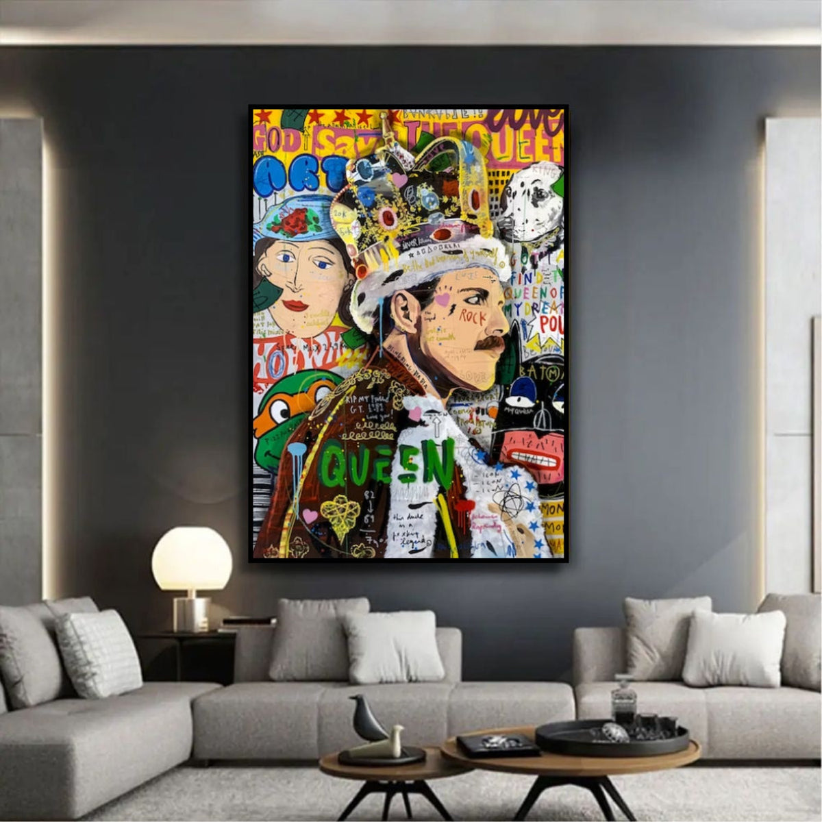Room mockup showing colourful Freddie Mercury pop art portrait wearing a crown, surrounded by graffiti, lettering and a second crowned face.