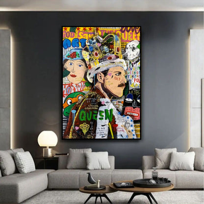 Room mockup showing colourful Freddie Mercury pop art portrait wearing a crown, surrounded by graffiti, lettering and a second crowned face.