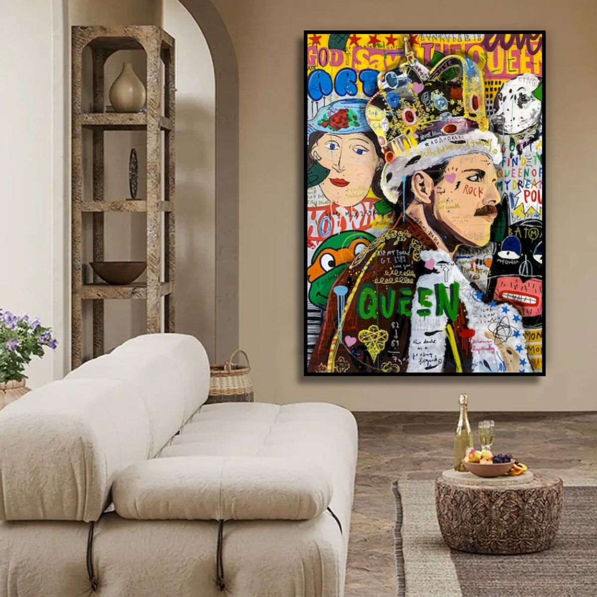 Room mockup showing colourful Freddie Mercury pop art portrait wearing a crown, surrounded by graffiti, lettering and a second crowned face.