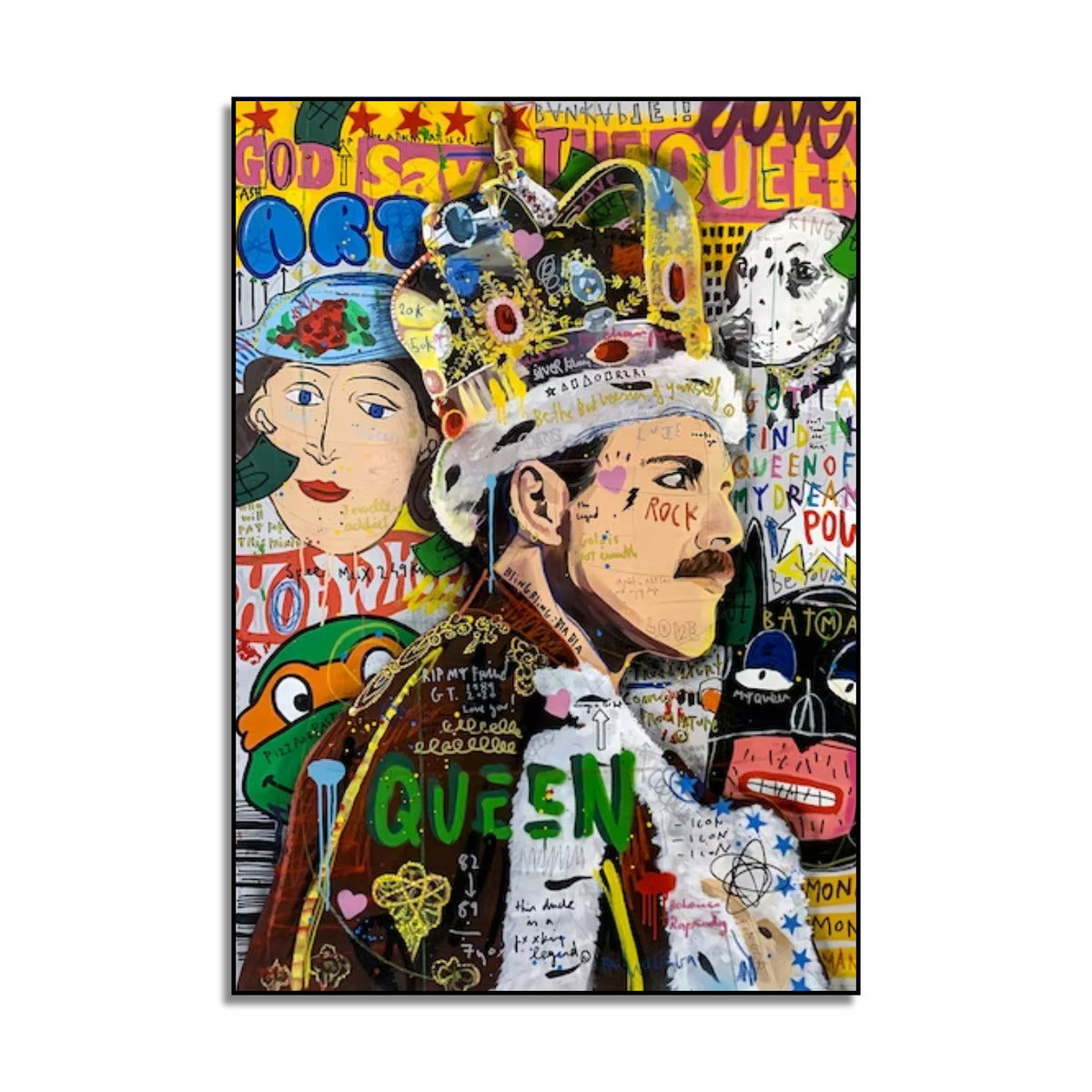Colourful Freddie Mercury pop art portrait wearing a crown, surrounded by graffiti, lettering and a second crowned face.
