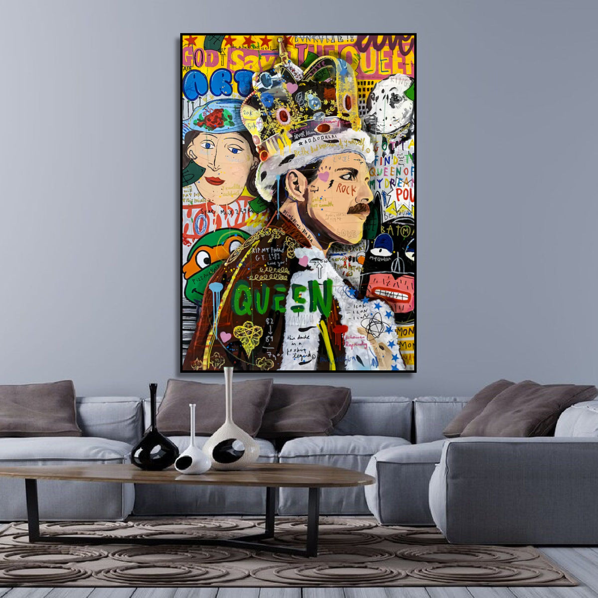 Room mockup showing colourful Freddie Mercury pop art portrait wearing a crown, surrounded by graffiti, lettering and a second crowned face.