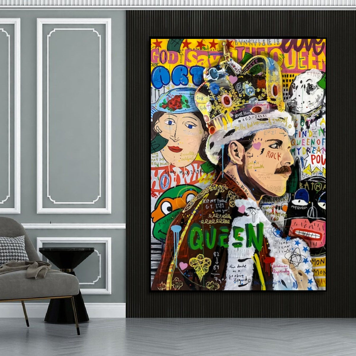 Room mockup showing colourful Freddie Mercury pop art portrait wearing a crown, surrounded by graffiti, lettering and a second crowned face.